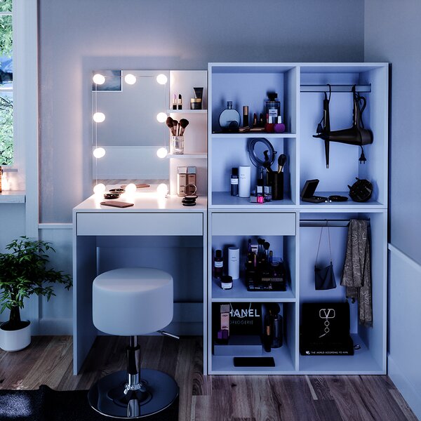 Toaletní stolek Vicco Isabelle Bílá 140 cm s LED, stoličkou a skříňkou, Model 34455