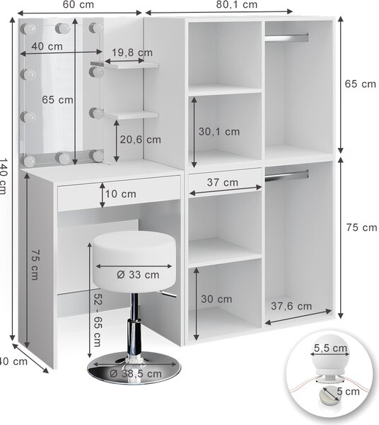 Toaletní stolek Vicco Isabelle Bílá 140 cm s LED, stoličkou a skříňkou, Model 34455