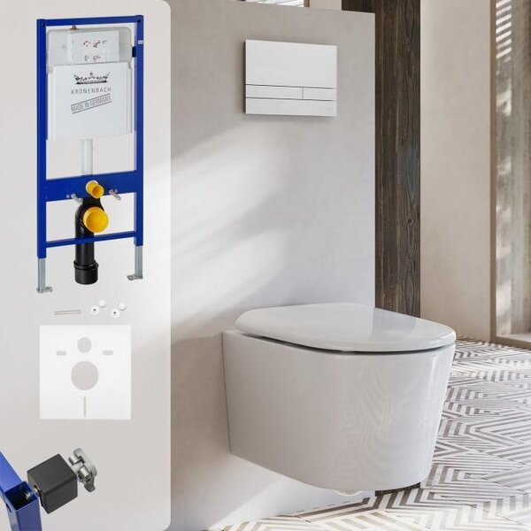 Kronenbach, závěsné WC s odsáváním, bez přítoku vody do mísy, kompletní set, design "wrapover"