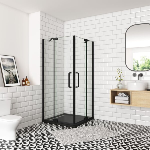 Sprchový kout AIRLINE BLACK R909, 90x90 cm, se dvěma jednokřídlými dveřmi s pevnou stěnou, rohový vstup včetně sprchové vaničky z litého mramoru