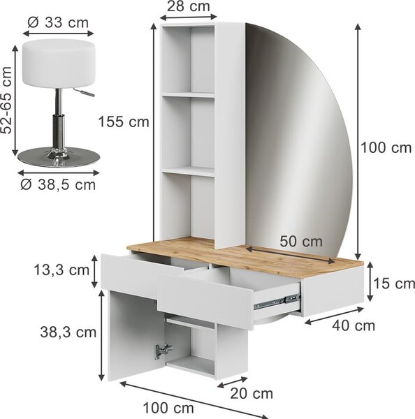 Toaletní stolek Vicco Melora Bílá/dub 100 cm se zrcadlem LED a stoličkou, Model 58450