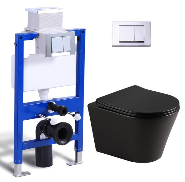 Kompletní sada předstěnových klozetových prvků - 82cm skrytá splachovací nádržka + závěsný klozet bez okrajů černý + obdélníková chromovaná tlačná deska HOROW