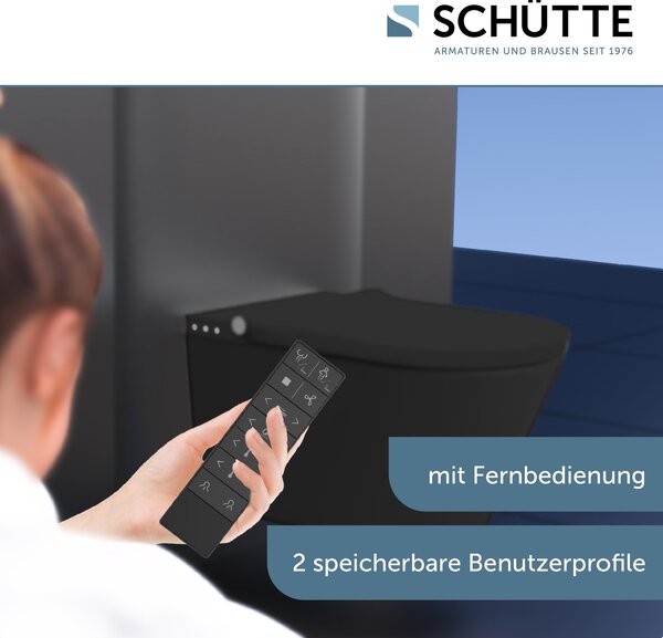 Sprchový klozet SCHÜTTE, černý, bez okrajů, s WC sedátkem