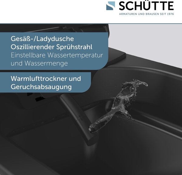 Sprchový klozet SCHÜTTE, černý, bez okrajů, s WC sedátkem