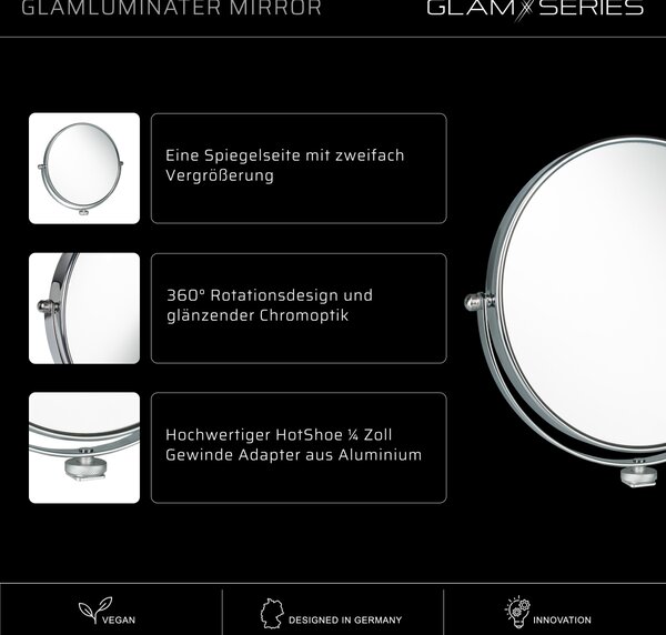 Zrcátko GlamSeries GlamLuminater, zrcátko pro make-up 360° rotace pro přídavné rameno, kosmetické zrcátko s dvojnásobným zvětšením pro světlo LED