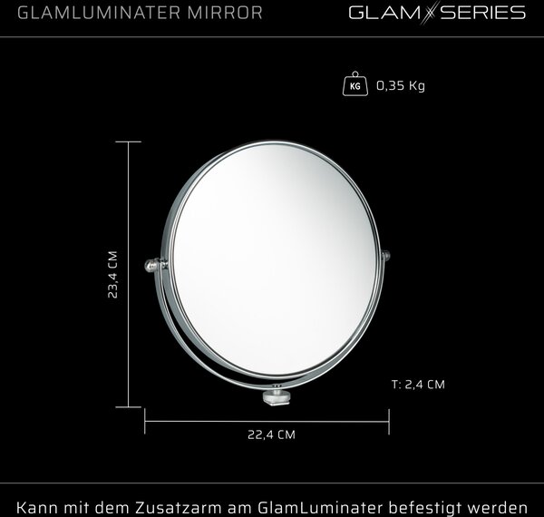 Zrcátko GlamSeries GlamLuminater, zrcátko pro make-up 360° rotace pro přídavné rameno, kosmetické zrcátko s dvojnásobným zvětšením pro světlo LED
