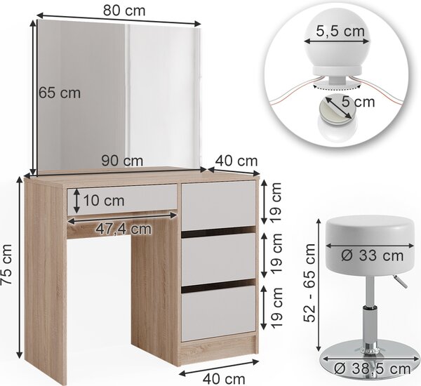 Toaletní stolek Vicco Sherry Sonoma 90 cm s osvětlením LED a stoličkou, Model 40833