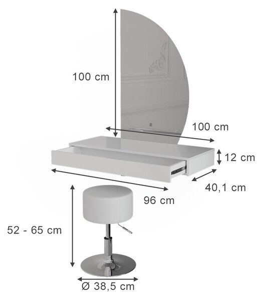 Toaletní stolek Vicco Sherry Bílá vysoký lesk 100 cm se zrcadlem LED a stoličkou, Model 61311