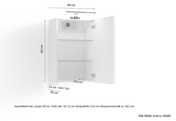 ByLIVING Zrcadlová skříňka Spree, šířka 40 cm, s LED osvětlením, s vypínačem a zásuvkou, koupelnová skříňka se zrcadlovými dvířky