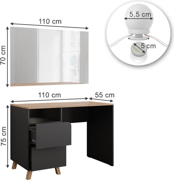 Toaletní stolek Vicco Karen Antracit/Artisan 110 cm s pohádkovými světly LED, Model 56537