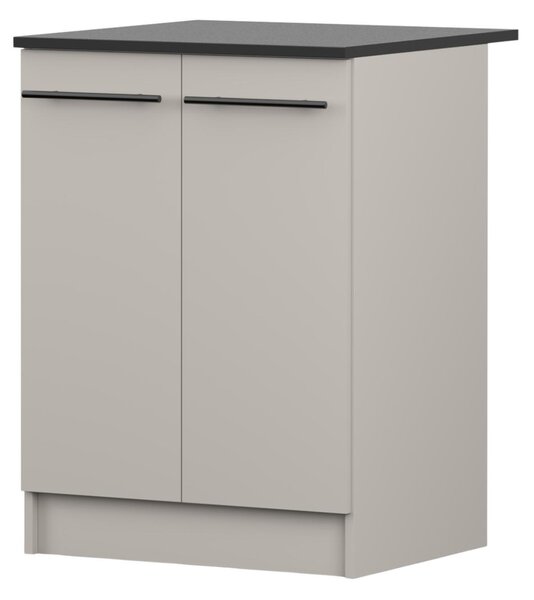 Spodní skříňka INEZ V, kuchyň, dvoudveřová kuchyňská skříňka 60 cm, barva kašmír/černá, se dvěma otočnými dvířky a černými kovovými úchytkami