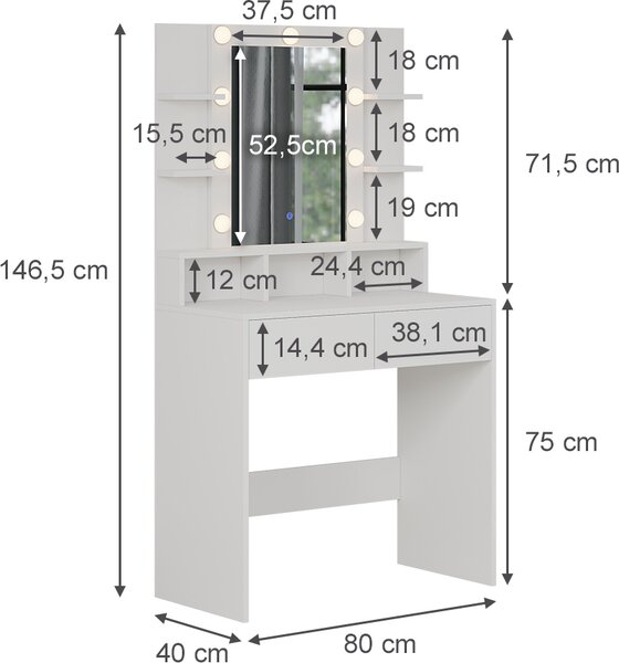 Toaletní stolek Vicco Taylor Bílá 80 cm s LED osvětlením, Model 41304