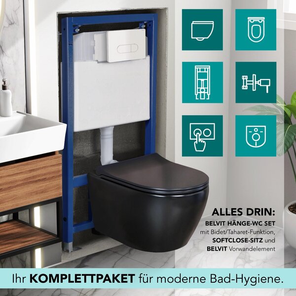 Belvit černý matný závěsný klozet s funkcí Taharet/bidet, bezokrajový závěsný klozet kompletní sada s měkkým zavíráním, předstěnovým prvkem, zvukovou izolací a uzavíracím ventilem