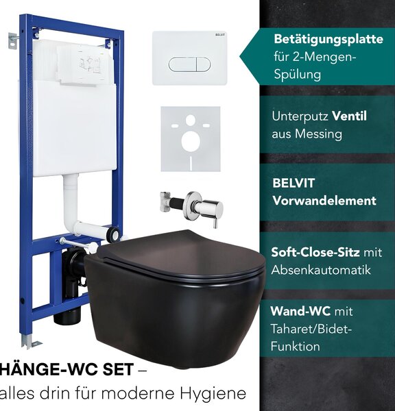 Belvit černý matný závěsný klozet s funkcí Taharet/bidet, bezokrajový závěsný klozet kompletní sada s měkkým zavíráním, předstěnovým prvkem, zvukovou izolací a uzavíracím ventilem