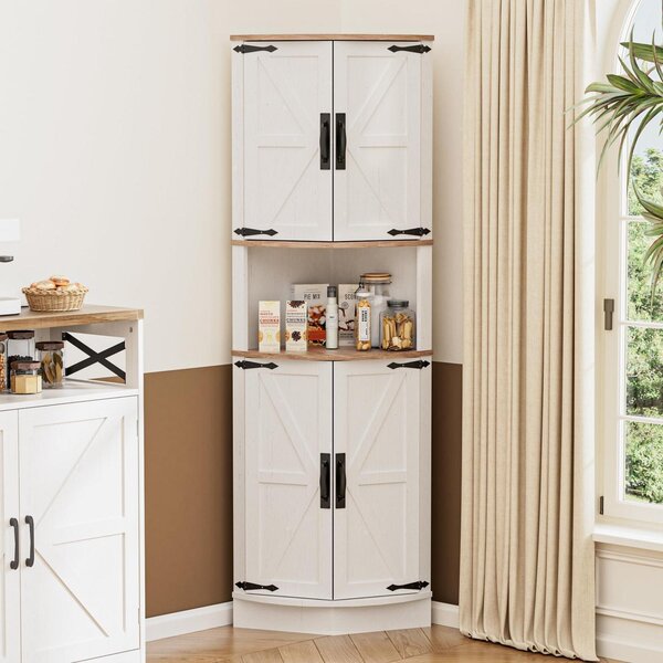 Vysoká skříň, rohový design, výška 165 cm, bílá barva, materiál: dřevo, 4 dvířka, 5 polic