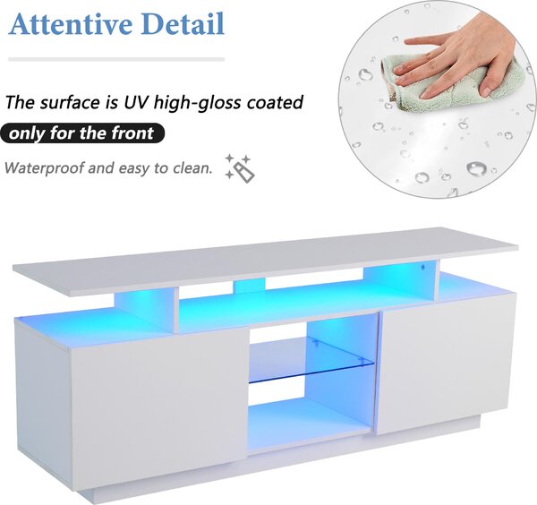 Fortuna Lai Bílá skříňka pod TV s 16barevným LED osvětlením, délka 1,4 m – Stylová skříňka pro 60palcovou TV, 16barevná světelná lišta, lesklé dvířka se skleněnými přihrádkami