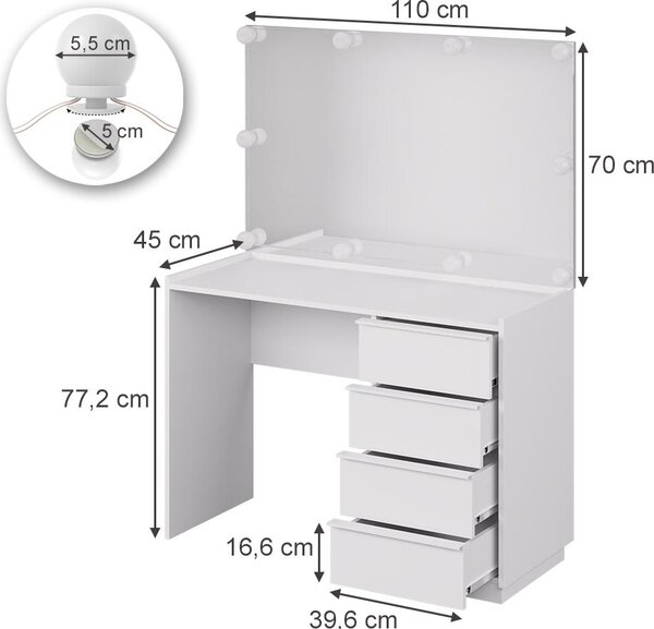 Toaletní stolek Vicco Viktoria Bílá 110 cm se zrcadlem a LED osvětlením, Model 59330