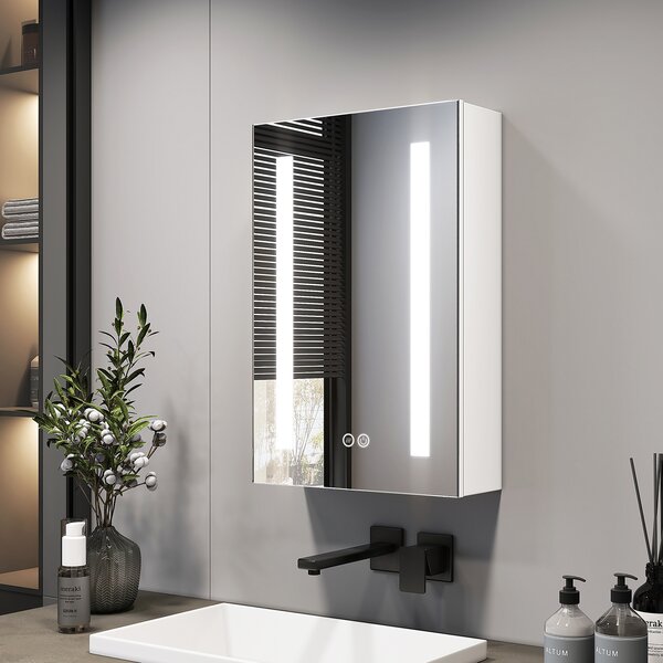 Zrcadlová skříňka EMKE s LED osvětlením 400 x 600 x 145 mm s ochranou proti zamlžení a 3 barvami stmívatelného světla, 1-dveřová koupelnová skříňka se zásuvkou a dotykovým spínačem