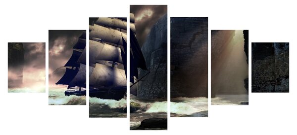Obraz - Loď mezi útesy (210x100 cm)