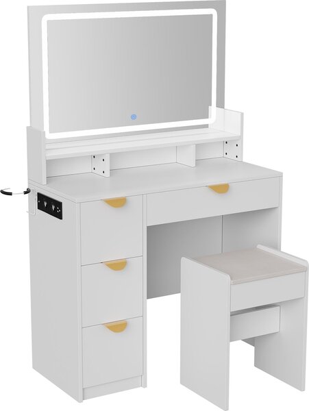 Toaletní stolek Fortuna Lai s nastavitelným LED osvětlením a zásuvkami, toaletní stolek se zrcadlovou stoličkou a skleněnou deskou, toaletní stolek se 4 zásuvkami do ložnice