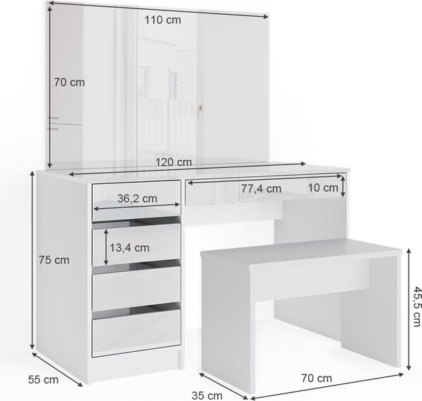 Toaletní stolek Vicco Sherry Bílá 120 cm s lavičkou, Model 33951