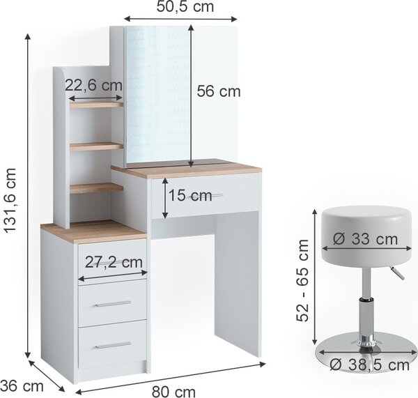 Toaletní stolek Vicco Conrada Bílá/Sonoma 80 cm s taburetem, Model 39977