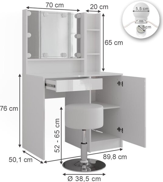Toaletní stolek Vicco Sherry Bílá/bílý vysoký lesk 89.8 cm 5 dílů, Model 57707