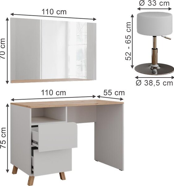 Toaletní stolek Vicco Karen Bílá/Artisan 110 cm se stoličkou, Model 56529