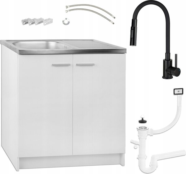Bílá kuchyňská linka 80x50 Dřezová baterie Deante černá Flexibilní sifon 2v1