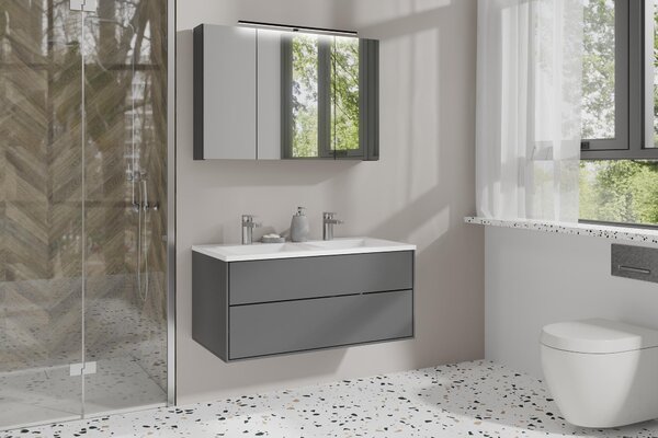 ByLIVING SPREE zrcadlová skříňka / Matný antracitový korpus se zrcadlovými dvířky / Nástěnná skříňka s funkcí tichého zavírání / Včetně LED osvětlení / Koupelnová skříňka se zásuvkou a spínací skříňkou / Š 90, V 60, H 20 cm