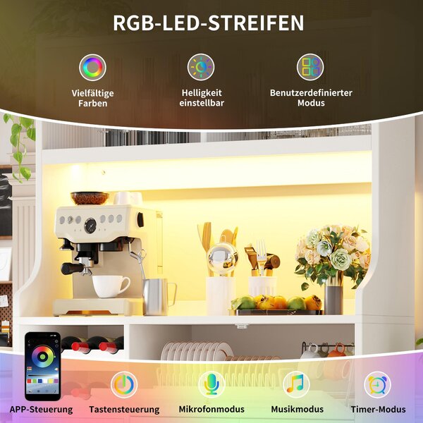 Skříňka do kuchyně značky Flieks s RGB LED osvětlením ovládaným aplikací, kuchyňské skříňky se skleněnými posuvnými dveřmi, regál na víno s výklopnými dvířky, komoda, bílá barva