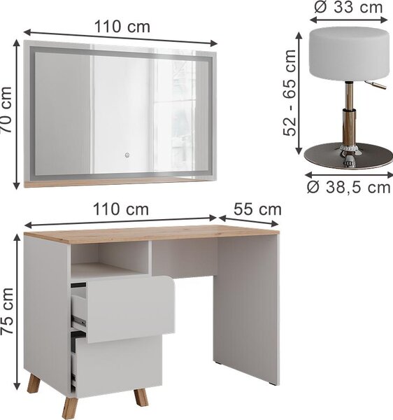 Toaletní stolek Vicco Karen Bílá/Artisan 110 cm se stoličkou a zrcadlem LED, Model 56533