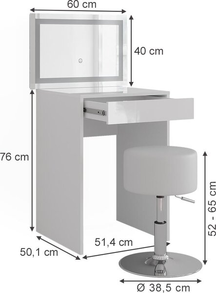 Toaletní stolek Vicco Sherry Bílá/bílý vysoký lesk 51.4 cm s LED zrcadlem a stoličkou, Model 57673
