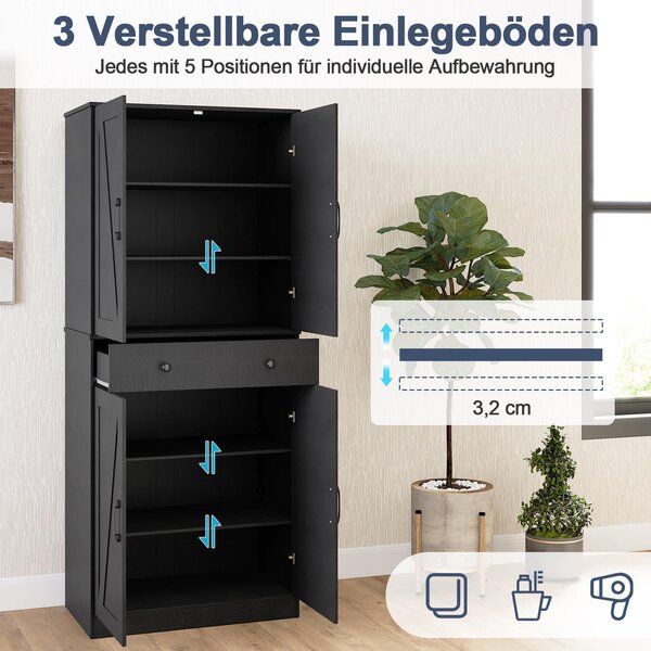 COSTWAY vysoká kuchyňská skříň, 183 cm, spížová skříň se 4 dvířky, zásuvkou a 3 policemi, moderní multifunkční skříň, vysoká skříň, bufetová skříň, černá