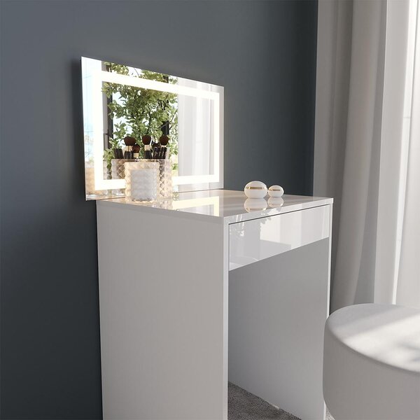 Toaletní stolek Vicco Sherry Bílá/bílý vysoký lesk 51.4 cm s LED zrcadlem a stoličkou, Model 57673