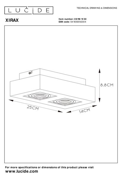 Lucide 09119/11/30 stropní bodové svítidlo Xirax 2x5W | GU10 | 2200-3000K - Dim to warm
