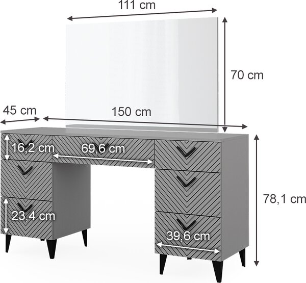 Toaletní stolek Vicco Anett Šedá 150 cm se 7 zásuvkami, Model 40713