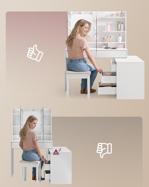 VASAGLE Toaletní stolek s komodou, rovný nebo ve tvaru L, toaletní stolek s osvětlením a zrcadlem, nastavitelné barvy světla, bílý