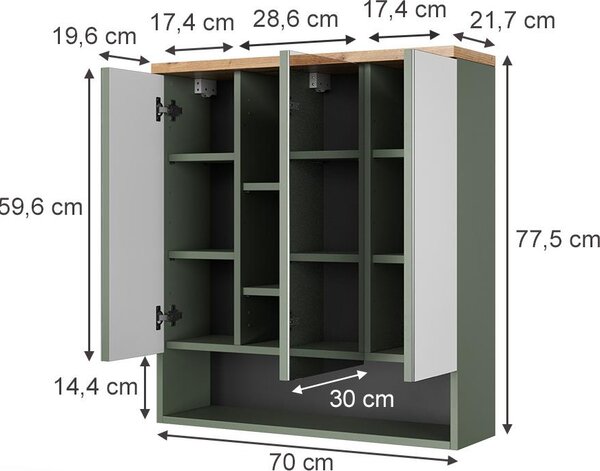 Koupelnová zrcadlová skříňka Vicco Eden Zelená 70 x 77.5 cm se 3 zrcadlovými dvířky, Model 59750