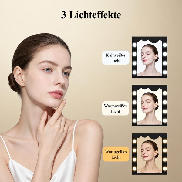 Kosmetický stolek s osvětleným zrcadlem, s 3 režimy osvětlení, vhodný do ložnice, s bočním úložným prostorem na šperky, barva: černá, rozměry: 80 cm