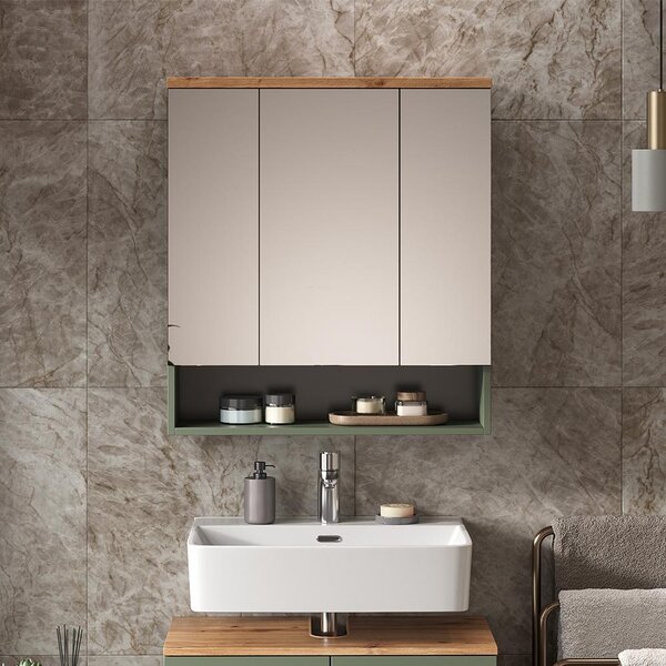 Koupelnová zrcadlová skříňka Vicco Eden Zelená 70 x 77.5 cm se 3 zrcadlovými dvířky, Model 59750