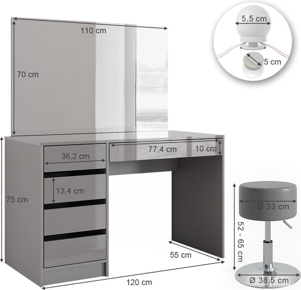 Toaletní stolek Vicco Sherry Šedá 120 cm s osvětlením LED a stoličkou, Model 38786