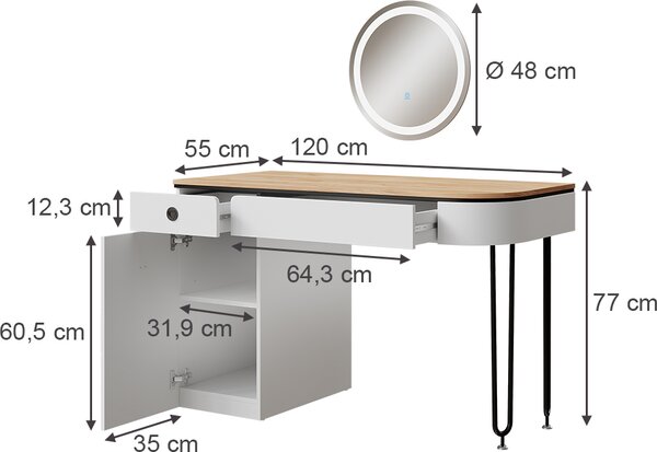 Toaletní stolek Vicco Mia Bílé/přírodní dřevo 120 cm s LED zrcadlem, Model 54280