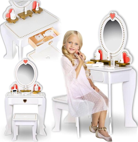 Dívčí toaletní stolek ze dřeva, zrcadlo, doplňky, bílý, elegantní, neutrální
