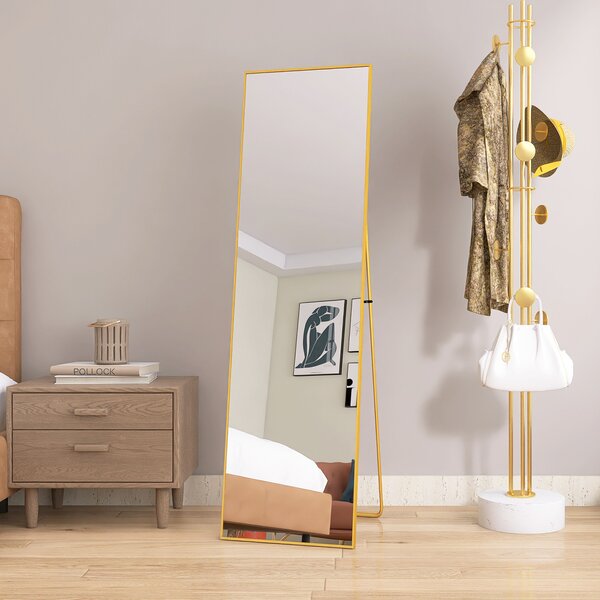 Celoplošné zrcadlo 140x40 cm, HD kvalita se stojanem, hliníkový rám ve zlaté barvě, vhodné do obývacího pokoje, moderní a stylový design
