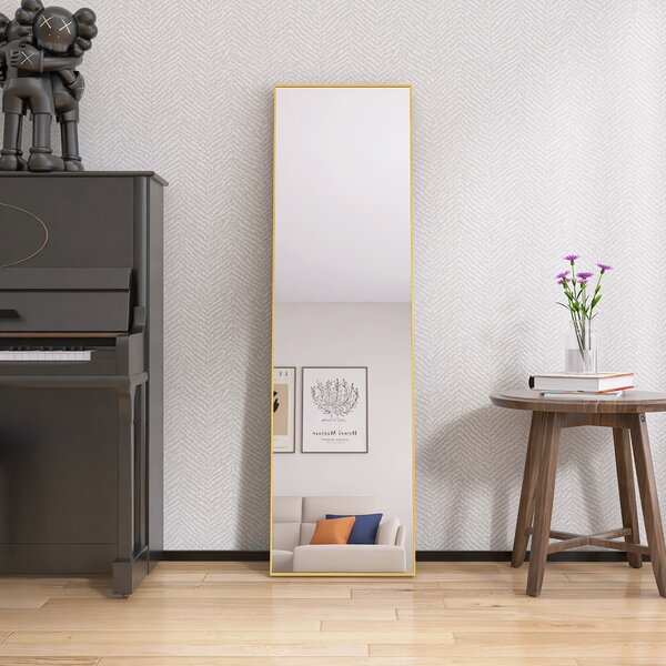 Celoplošné zrcadlo 140x40 cm, HD kvalita se stojanem, hliníkový rám ve zlaté barvě, vhodné do obývacího pokoje, moderní a stylový design