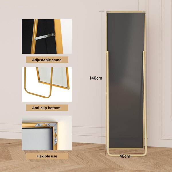 Obdélníkové kosmetické zrcadlo z tvrzeného skla, zlatý hliníkový rám, 1400x400 mm, elegantní moderní design do ložnice nebo koupelny