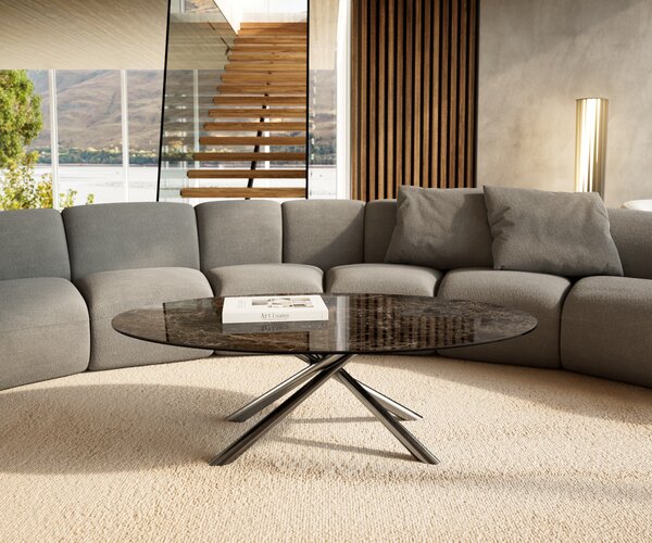 DELIFE Konferenční stolek Edge oválný 140x80 cm keramika Laminam® Emperador Extra Lucidato tmavě hnědá Sarity nerezová ocel broušená