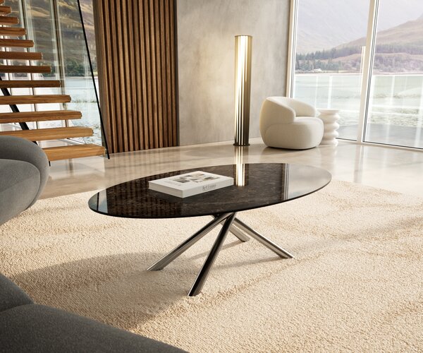 DELIFE Konferenční stolek Edge oválný 140x80 cm keramika Laminam® Emperador Extra Lucidato tmavě hnědá Sarity nerezová ocel broušená