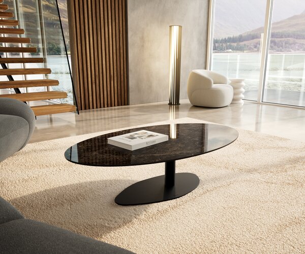 DELIFE Konferenční stolek Edge oválný 140x80 cm keramika Laminam® Emperador Extra Lucidato tmavě hnědá Vibany kov černá